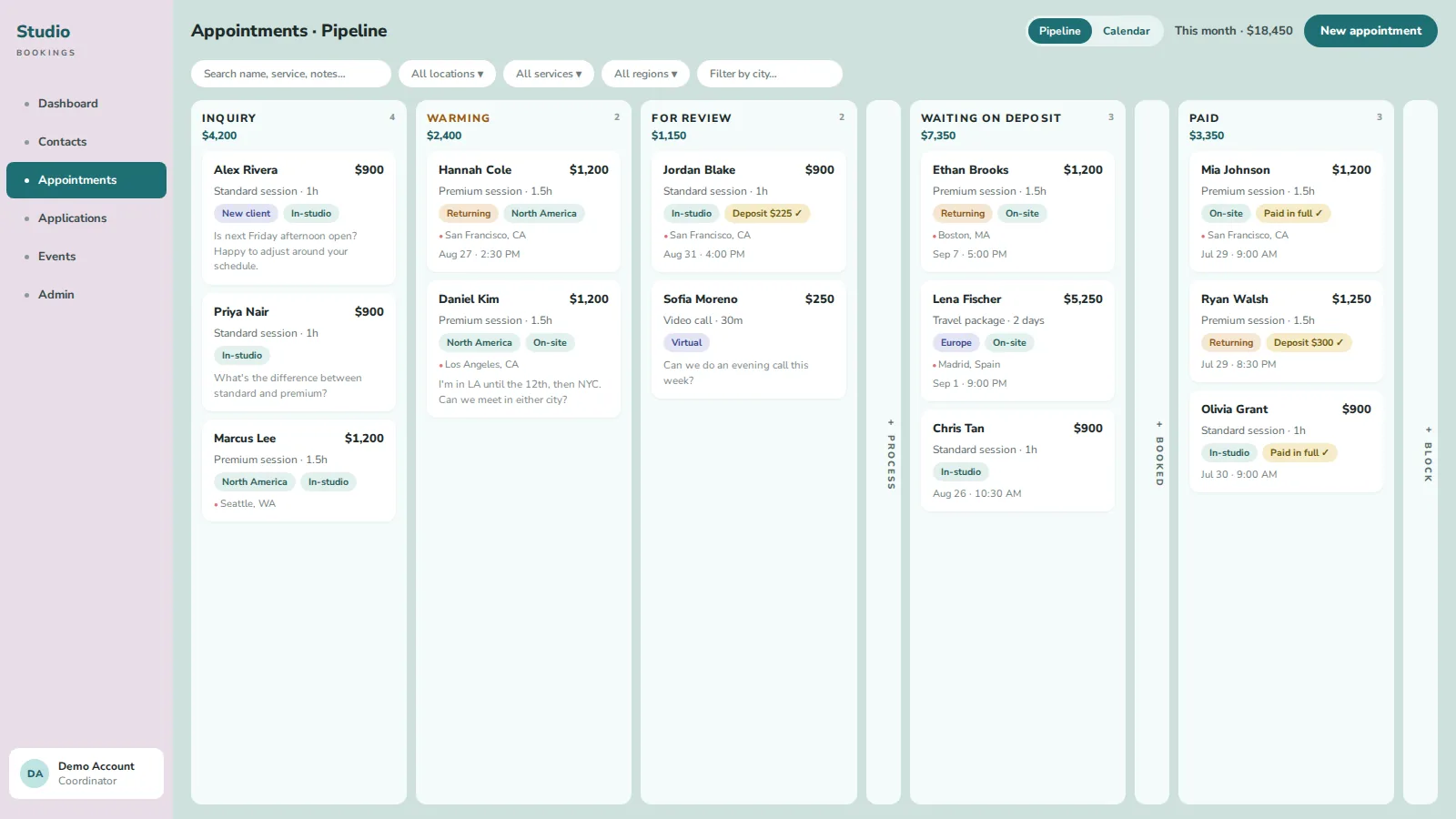 Appointment Tracker pipeline board with columns for inquiry, warming, review, waiting on deposit and paid