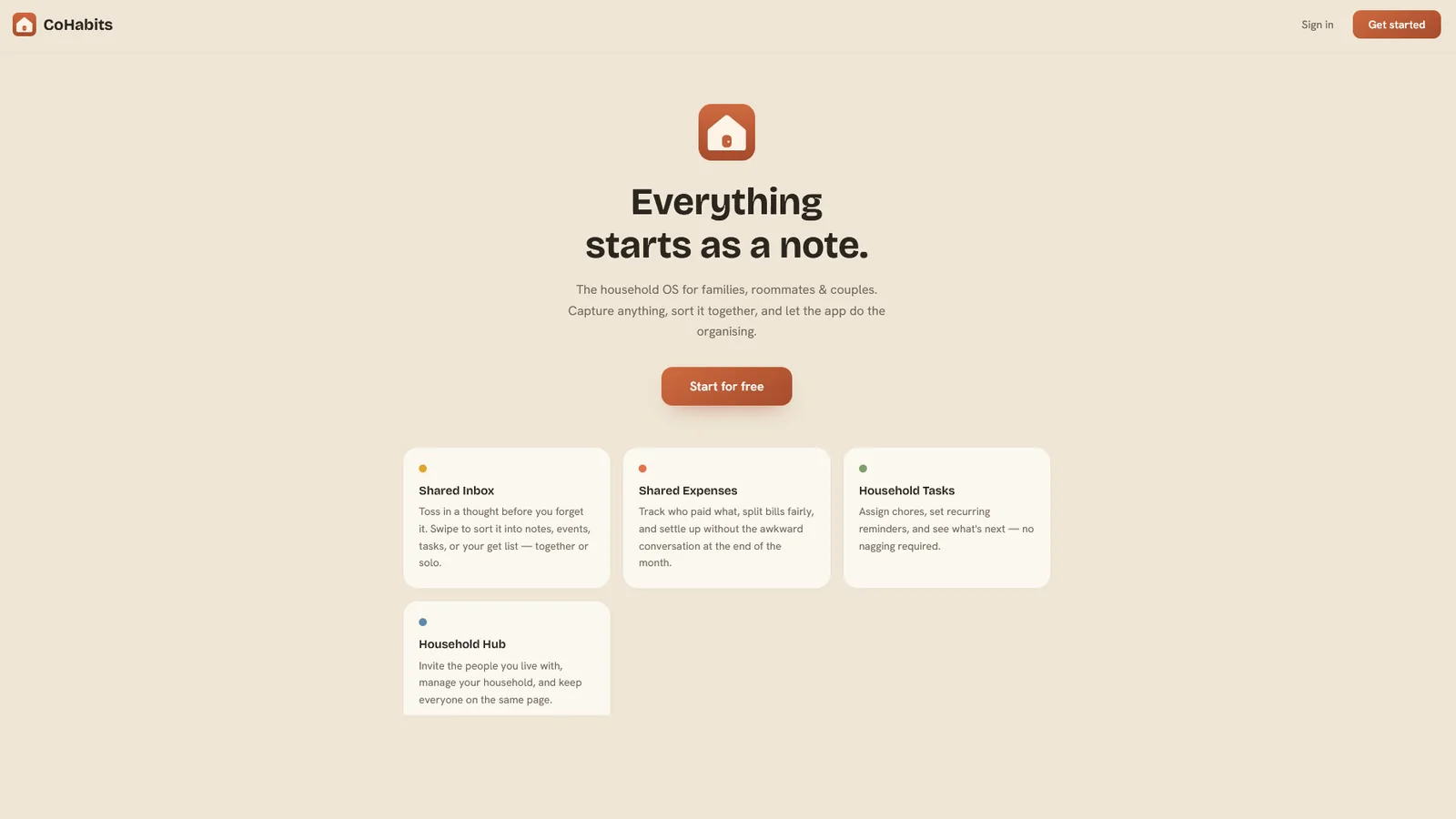 CoHabits landing page: Everything starts as a note