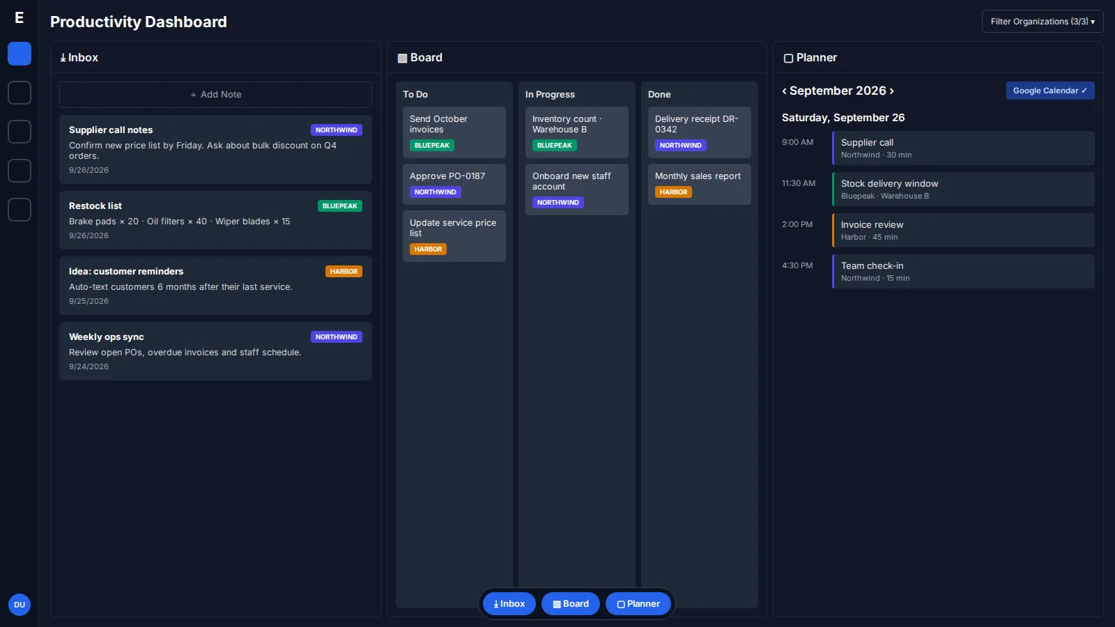 Exegete productivity dashboard with an inbox, a task board and a day planner, each item tagged by organization
