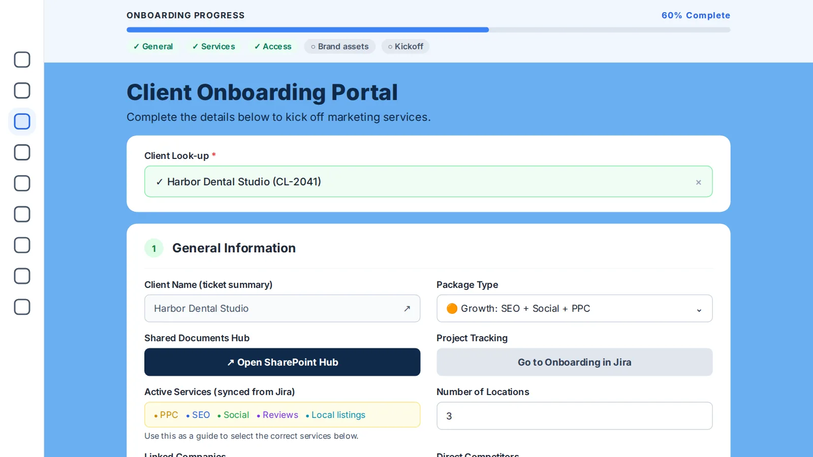 Client onboarding portal with client look-up, package type, services synced from Jira and a SharePoint hub button