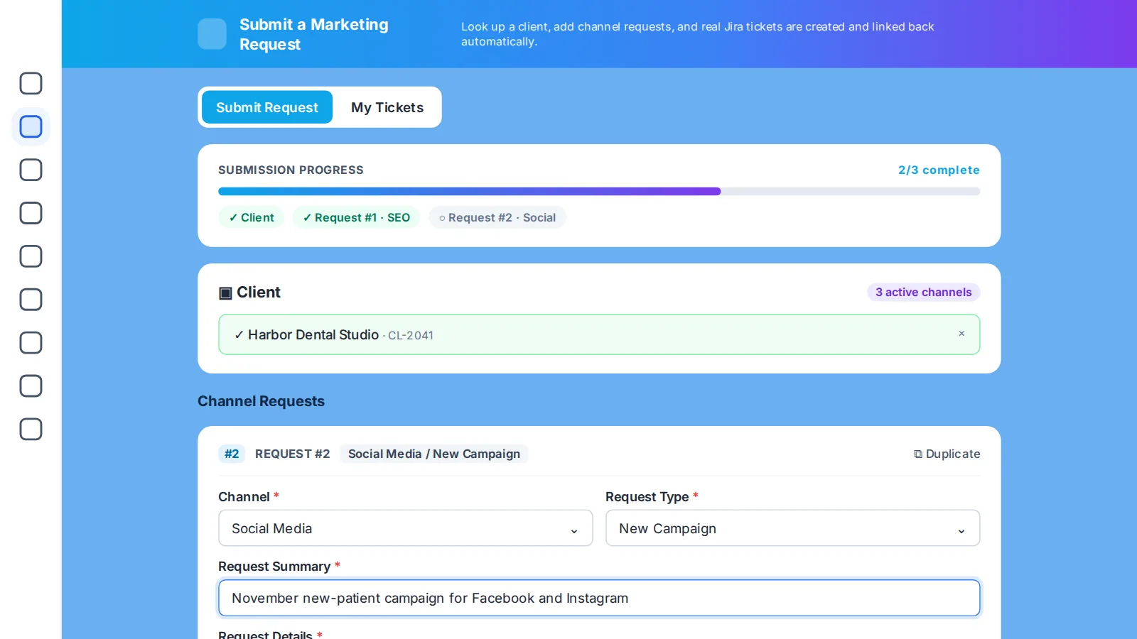 Marketing request form with client look-up, progress bar and a channel request for a social media campaign