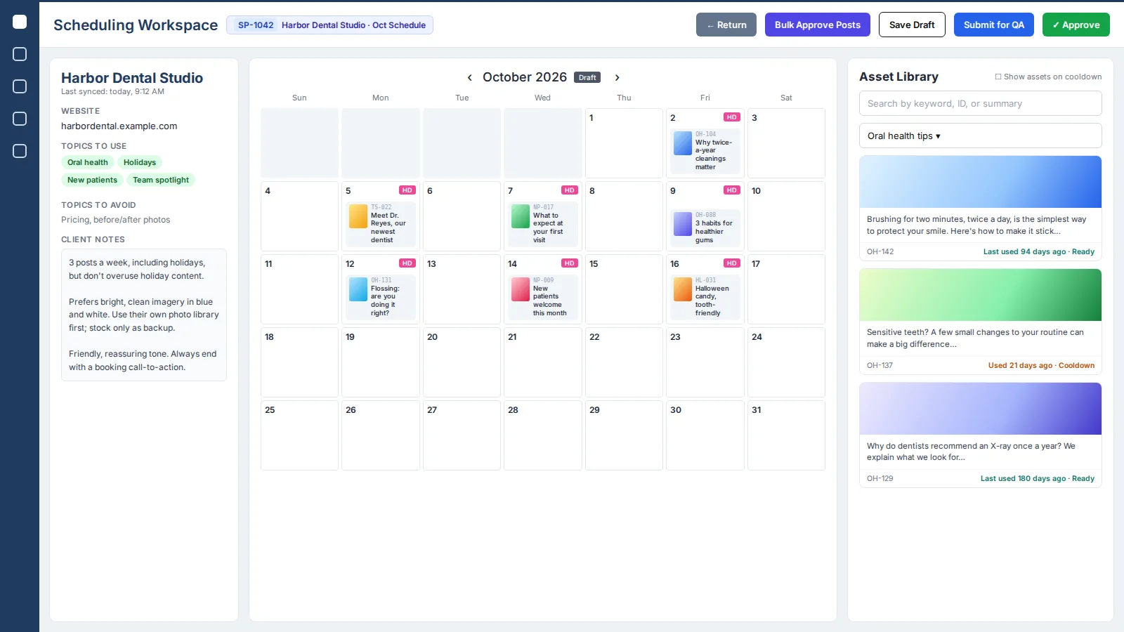 Scheduler Pro workspace showing a client profile, a monthly posting calendar and an asset library with last-used dates